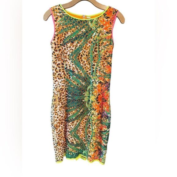 Elie Tahari Sz 2 Neon Green Orange Tropical Léopard Mesh Wedding Guest Dress - Picture 1 of 7